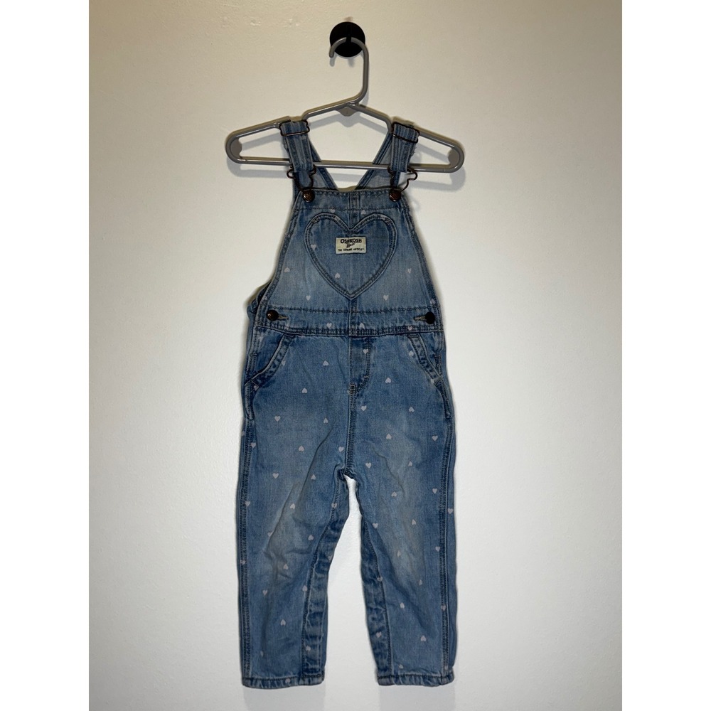 OshKosh Bgosh Baby Girl Blue Denim Heart Print Overalls 18M Light Wash Bibs